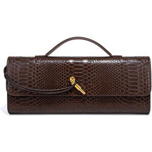 Elegant Womens Crocodile Print Leather Clutch Bag & Crossbody Tote - Chocolate
